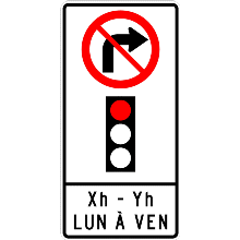 Virage à droite interdit au feu rouge avec heure et jour