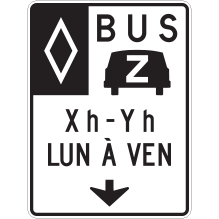 Voie réservée aux bus et covoiturage avec heures, jours et flèche