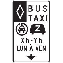 Voie réservée aux bus, taxi, covoiturage et véhicule électrique avec heures, jou