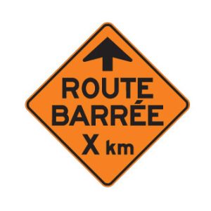 Signal avancé de route barrée : X km